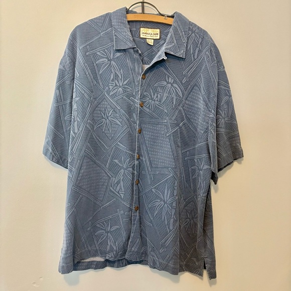 Jamaica Jaxx Men’s Silk Shirt XL Blue Palm Bamboo Pattern - Picture 2 of 10